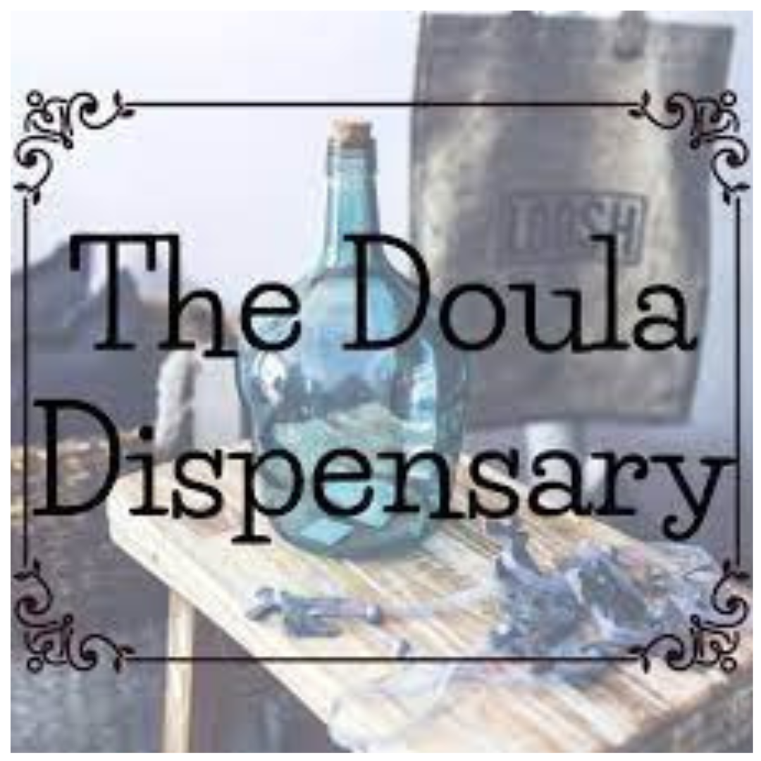 A vintage-style sign reading "The Doula Dispensary" with a backdrop of an outdoor table, a large blue glass bottle, and a gray tote bag that says "Tote".