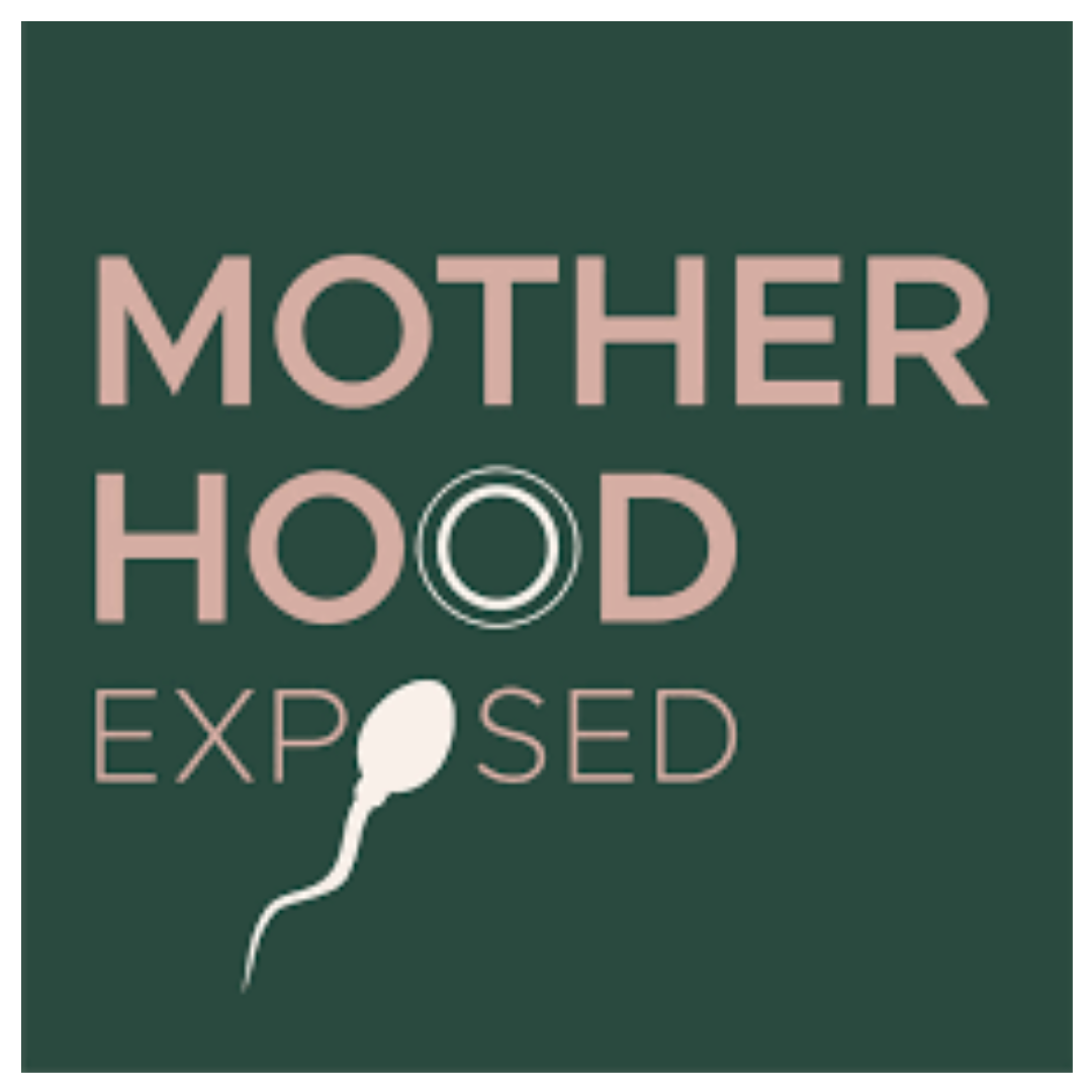 Logo for 'Motherhood Exposed' with pink text, a sperm icon, and a target symbol.