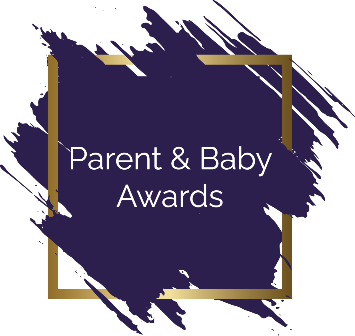 Design for the Parent & Baby Awards featuring a purple splash background, gold framing, and white text.