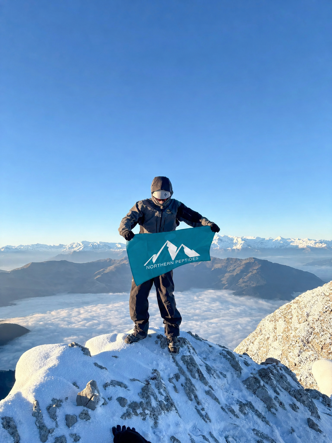 Person in winter gear standing on snow-covered mountain peak holding a blue flag that reads 'Northern Peptides,' with a view of snow-capped mountains and clouds below.