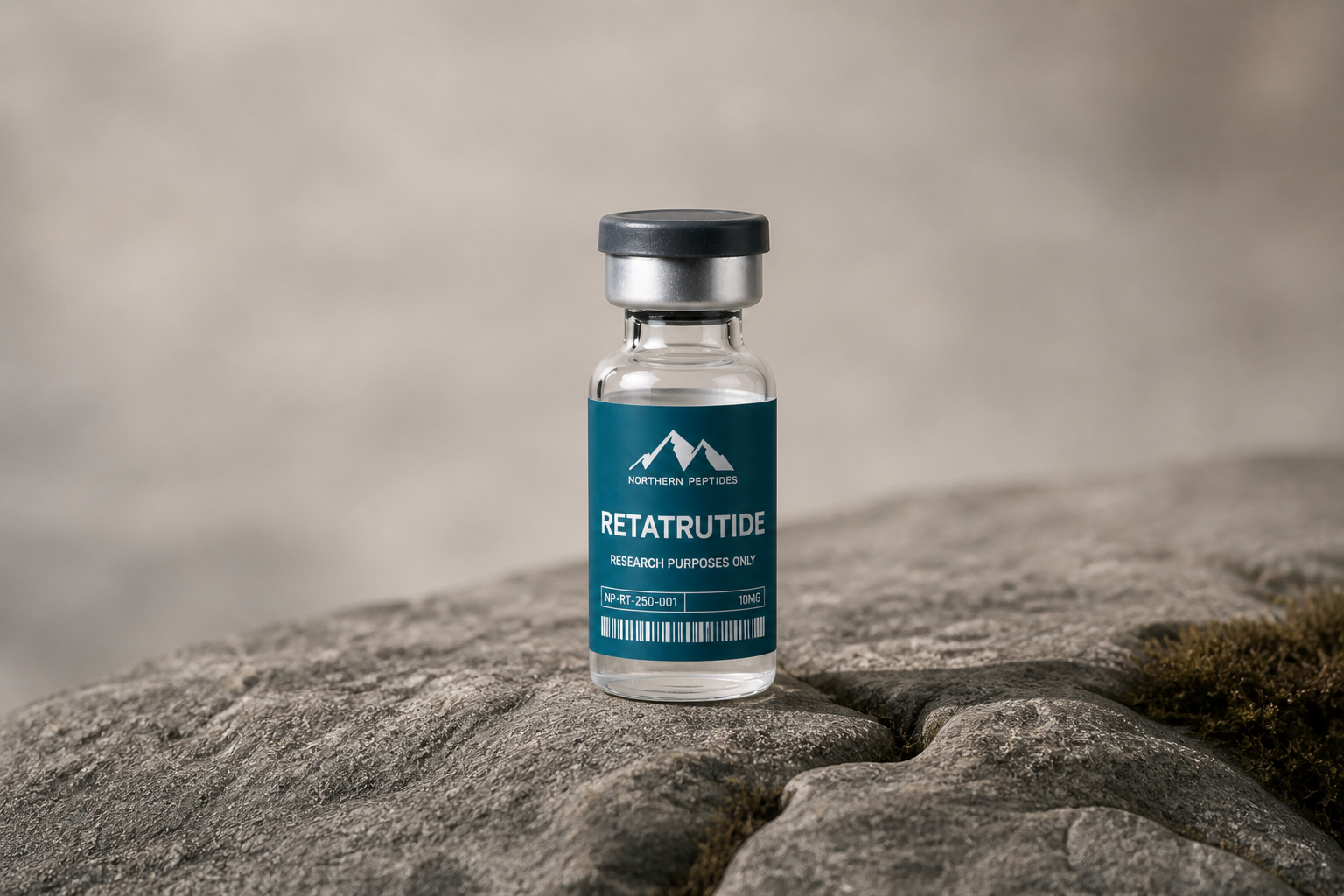 A small glass vial labeled 'Retatrutide' with a mountain logo from Northern Peptides, placed on a textured rock surface outdoors.