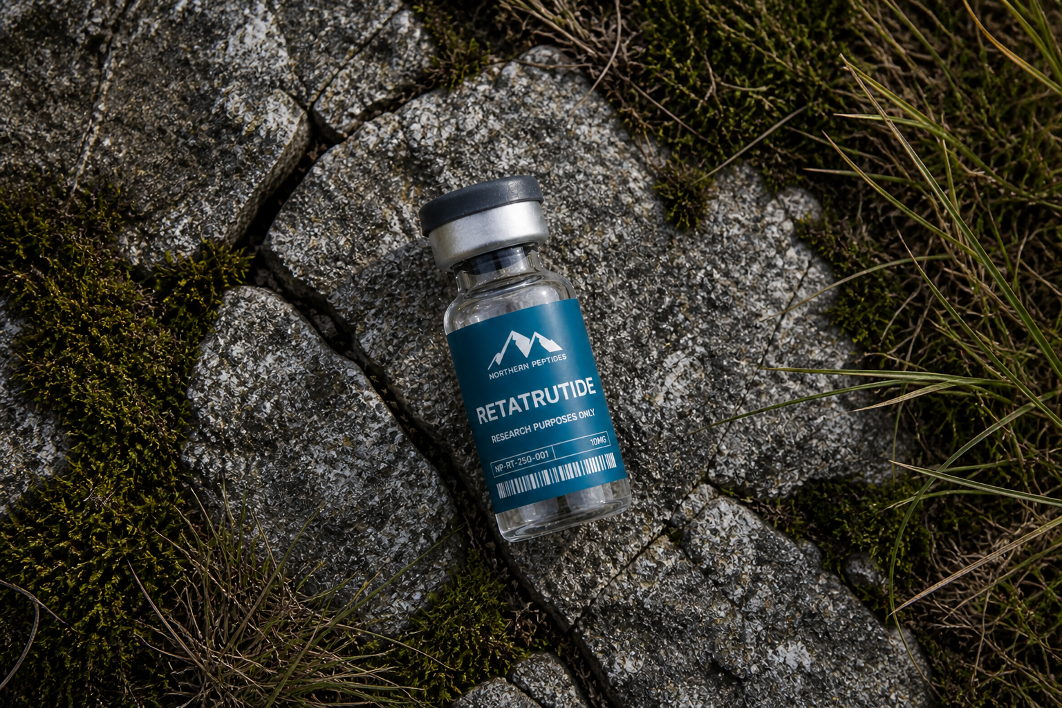 A small glass vial labeled "Retattrutide" with the brand name "Northern Peptides," lying on a mossy, rocky ground outdoors.