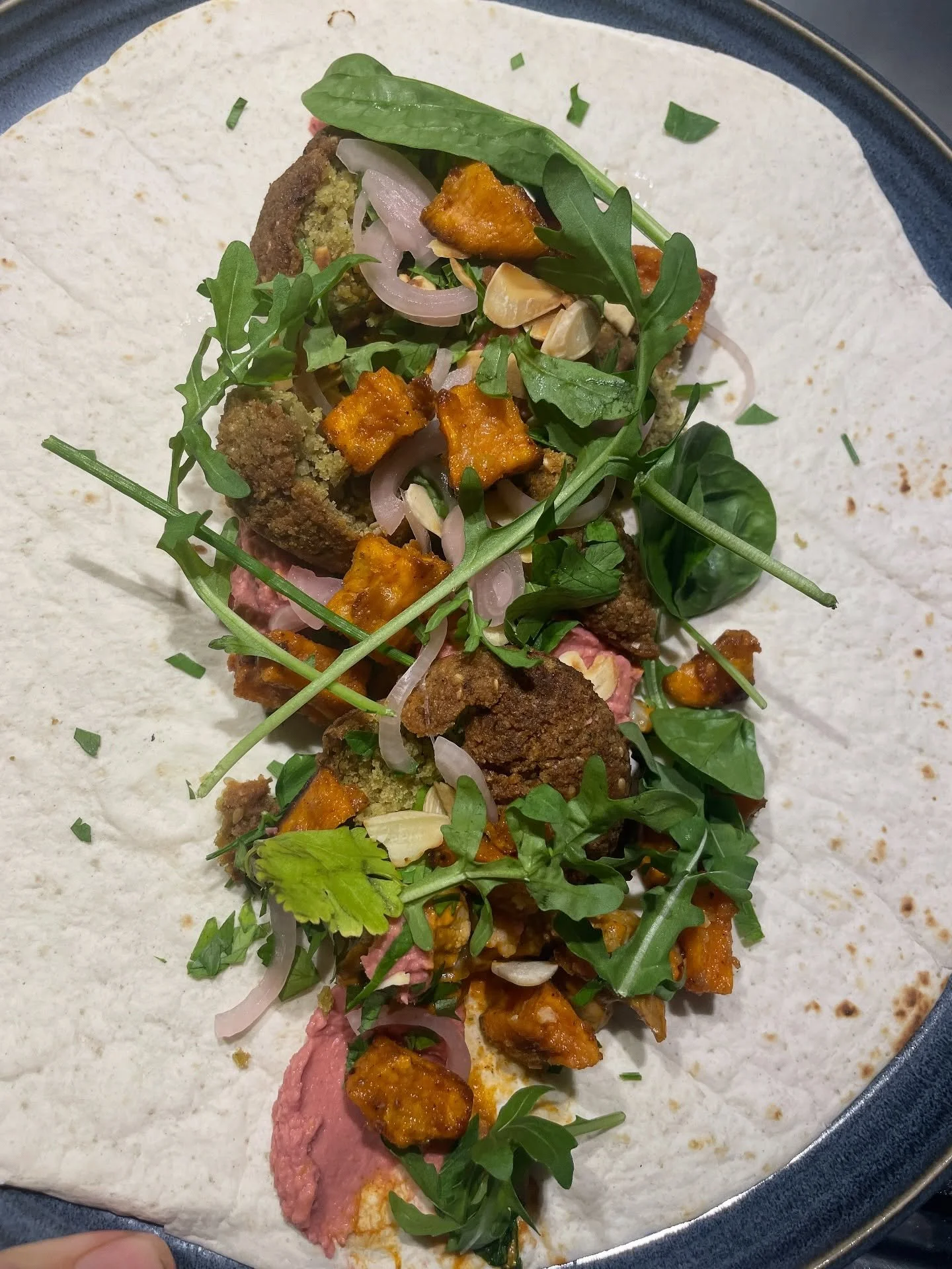 Love a leftovers day.

The bonus with cookery workshops is the treats I get for my lunch the next day. This is a mixup of lots of dishes including beetroot hummus,, chickpea falafel, roasted sweet potato, pickled shallots, char grilled cauliflower, t
