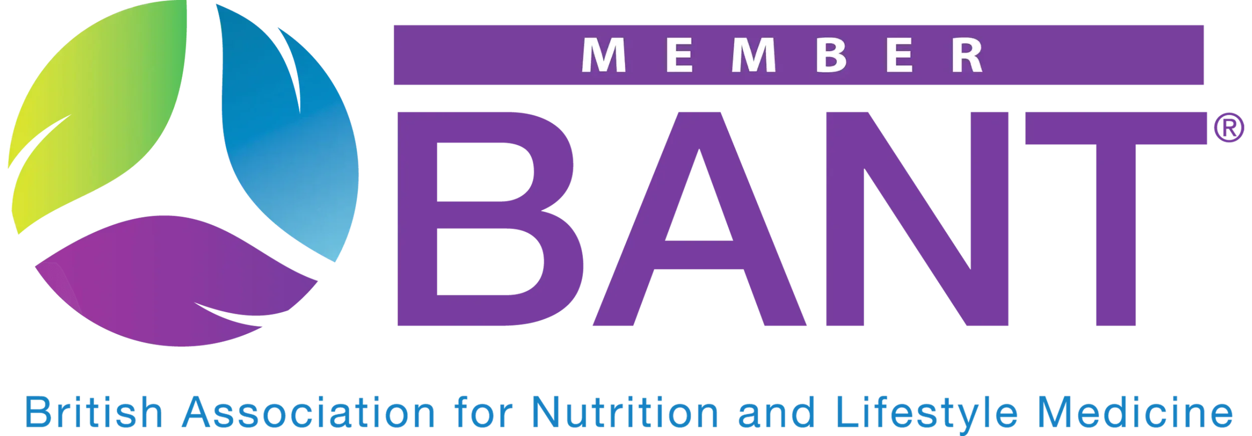 Logo of Member BANT, the British Association for Nutrition and Lifestyle Medicine, featuring a stylized flower with green, blue, and purple petals, and the organization name in purple and blue text.