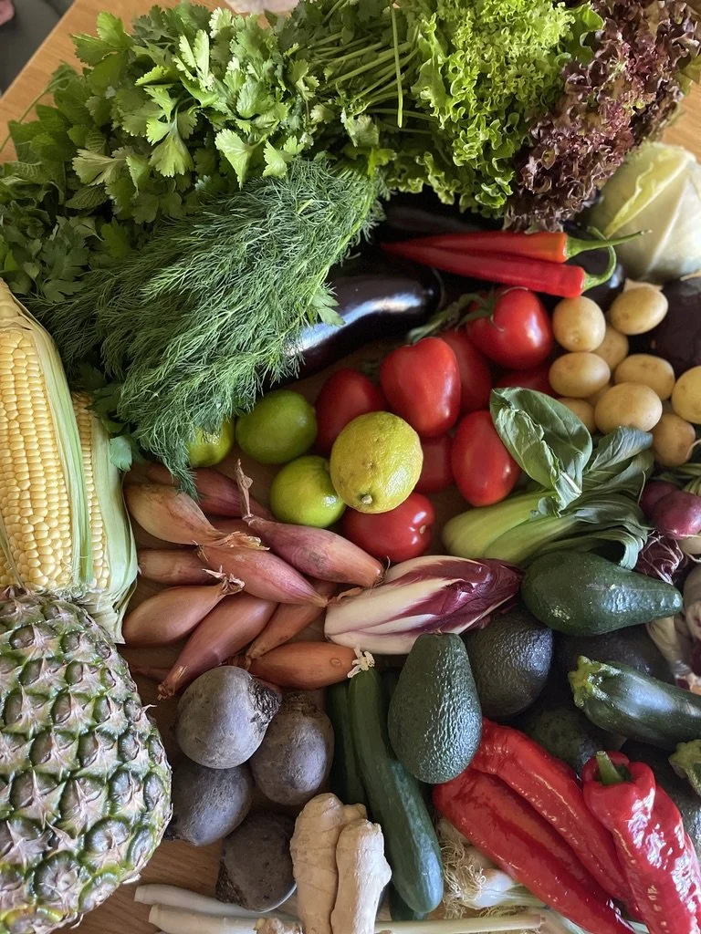 Fresh vegetables and fruits including coriander, dill, leaf lettuce, red chili peppers, yellow potatoes, red tomatoes, aubergine, pineapple, corn on the cob, shallots, ginger, avocados, red bell peppers, and limes.