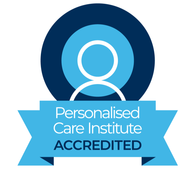 Badge with a person icon and the text "Personalised Care Institute Accredited" on a blue ribbon.