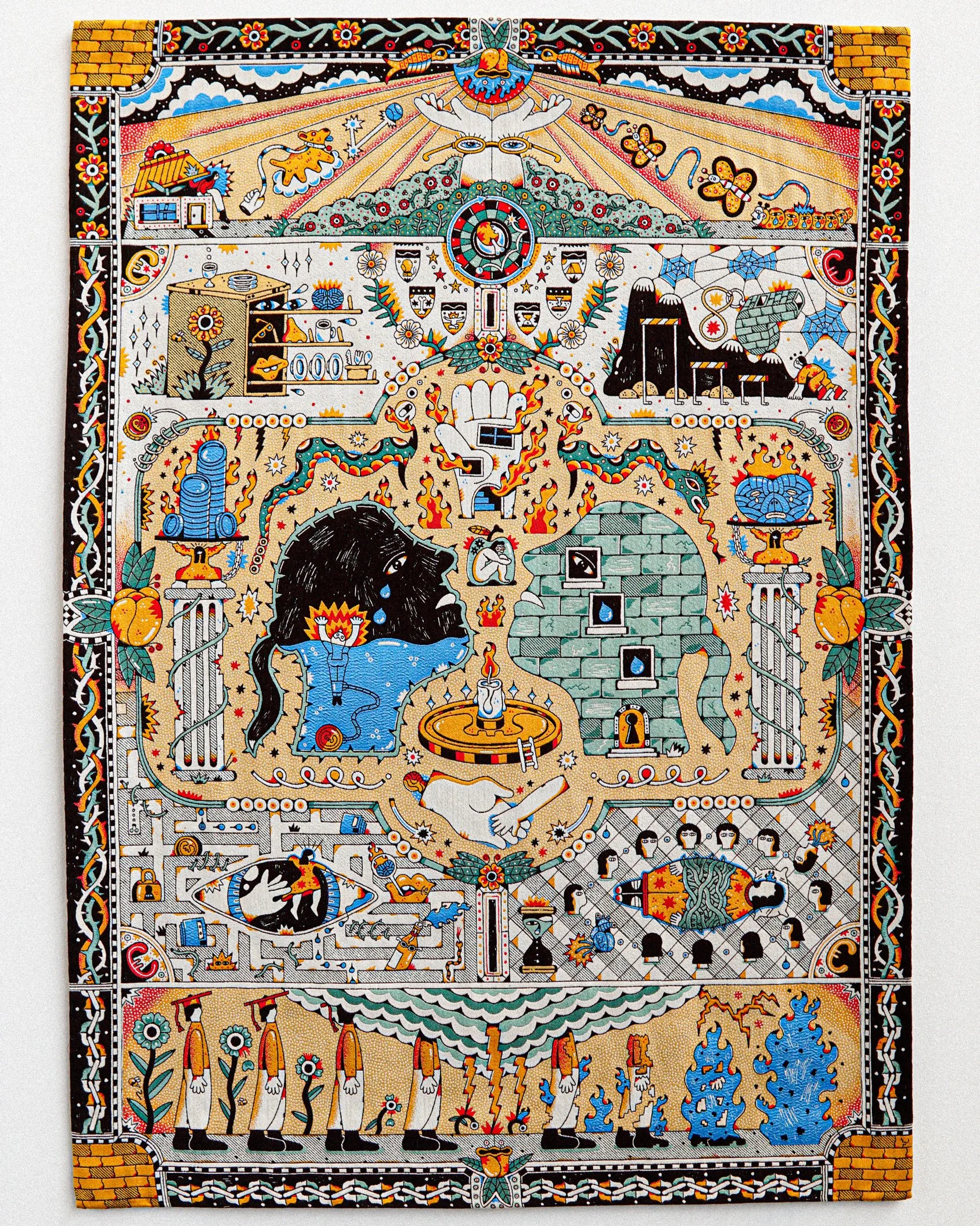A colorful folk art textile featuring various symbolic and decorative motifs, including animals, flowers, mythical creatures, and geometric patterns, arranged in a symmetrical and intricate design.  Tapestry and jacquard weaving art
