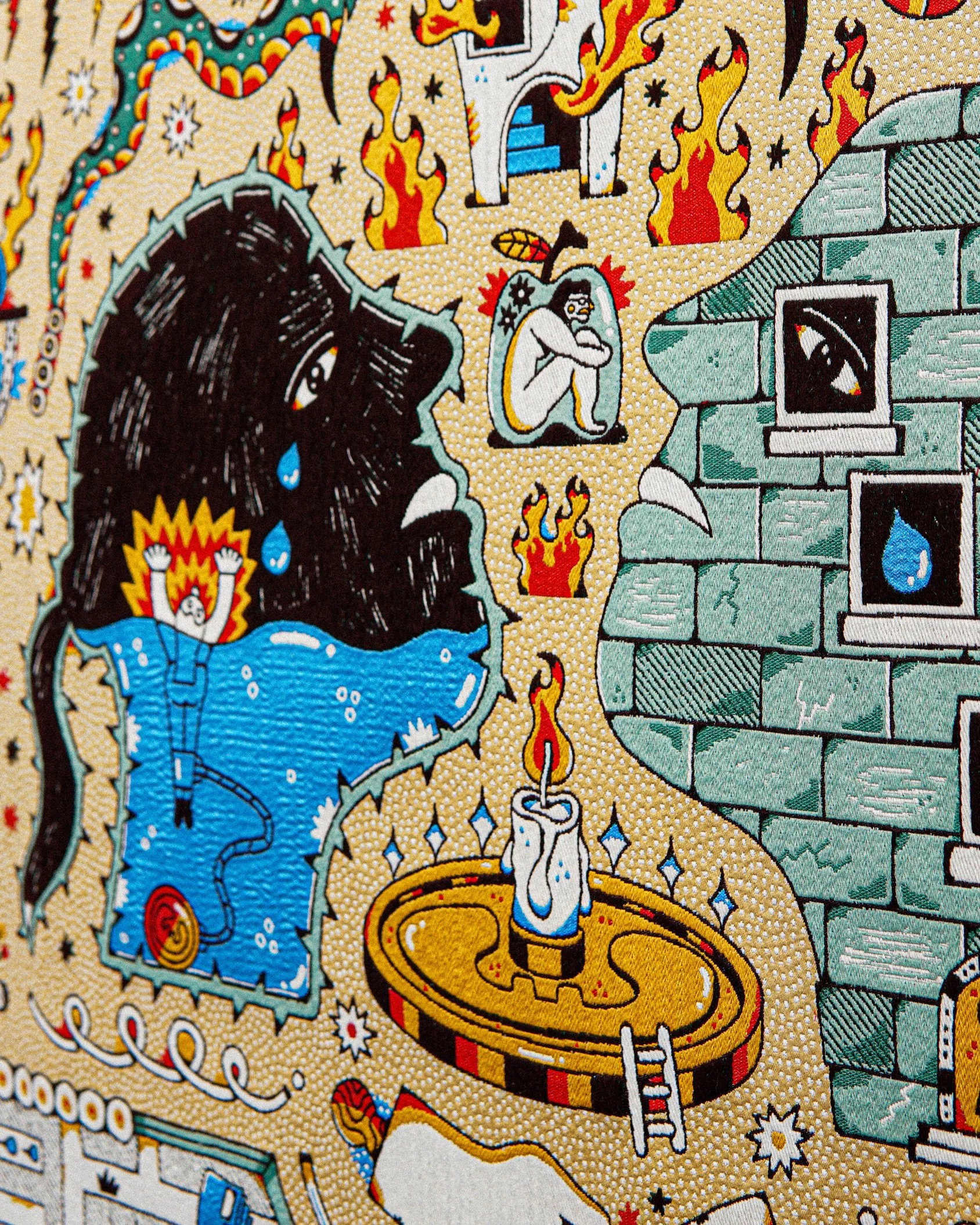 Colorful embroidered patch depicting a Viking ship with flames and a caged person with tears, surrounded by stars and fire symbols.  Tapestry and jacquard weaving art