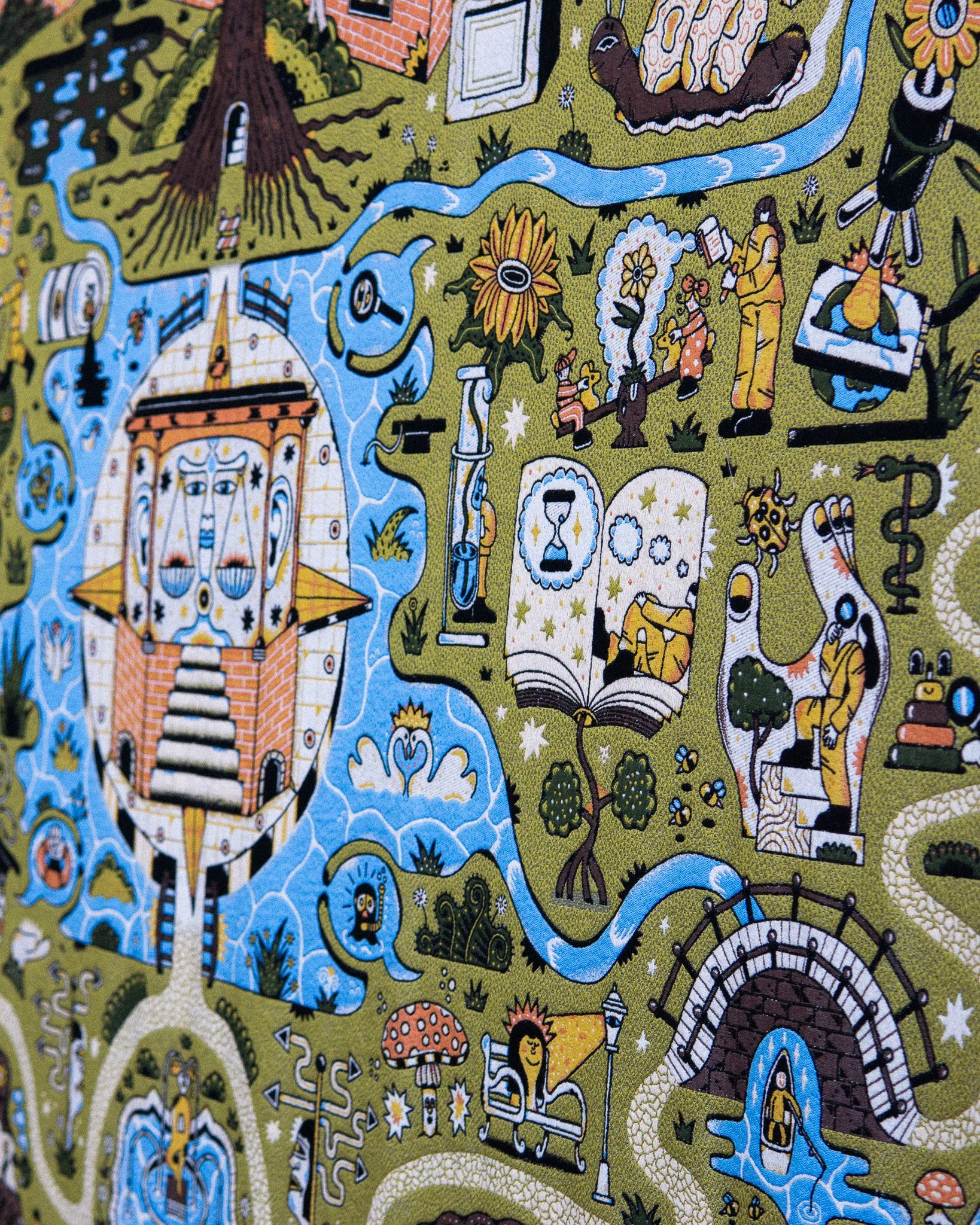 A colorful illustrated map featuring various whimsical and fantastical scenes, including waterfalls, mushrooms, a tower, a rainbow, and cartoon-style characters and objects.  Tapestry and jacquard weaving art