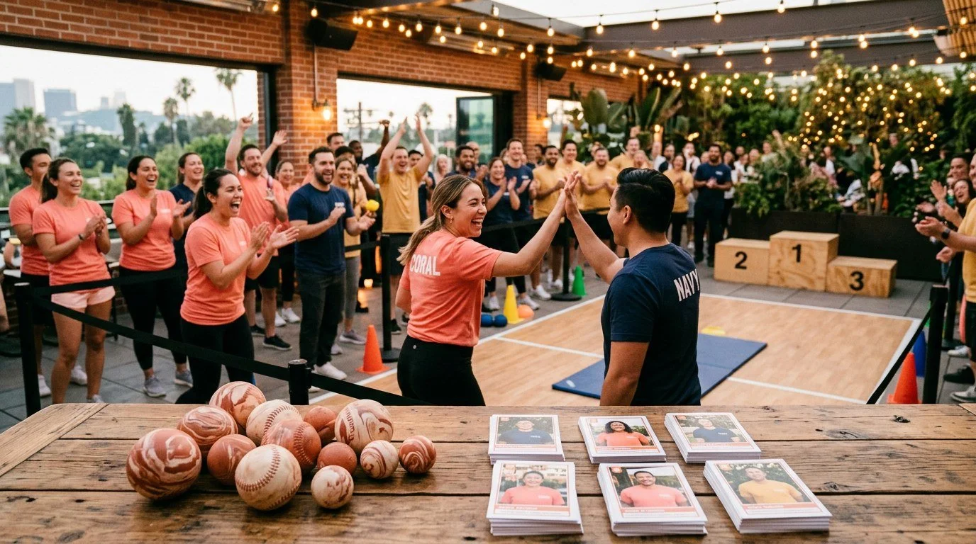 Colleagues in team shirts cheering at a sports-themed corporate event with custom trading cards and marbled sports balls