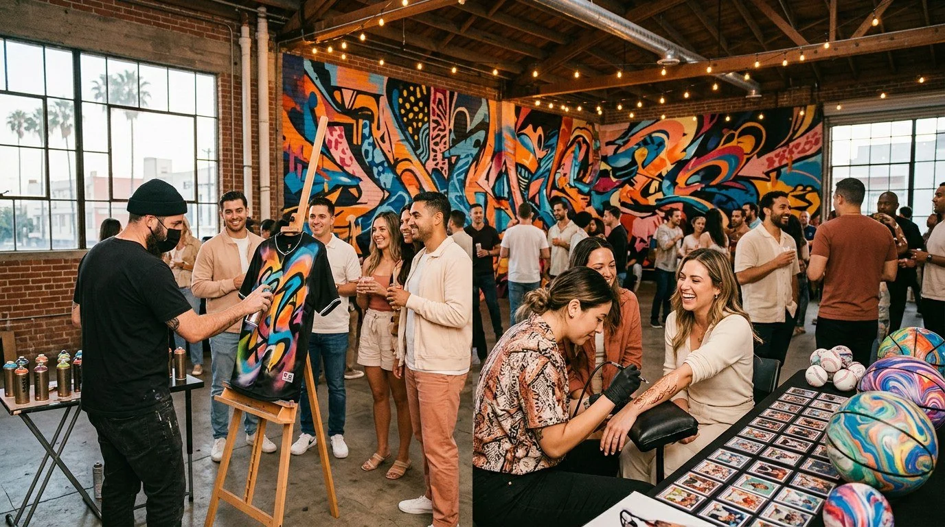 Graffiti artist painting a custom jersey at a sports-themed event in a Los Angeles arts district venue, with athlete trading cards and marbled sports balls