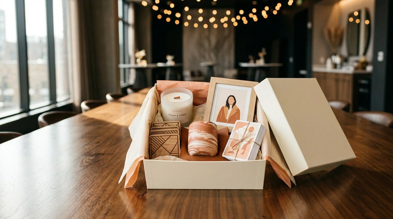 Corporate event gift box with a signature candle, engraved coasters, marbled tumbler, personalized portrait print and custom cards