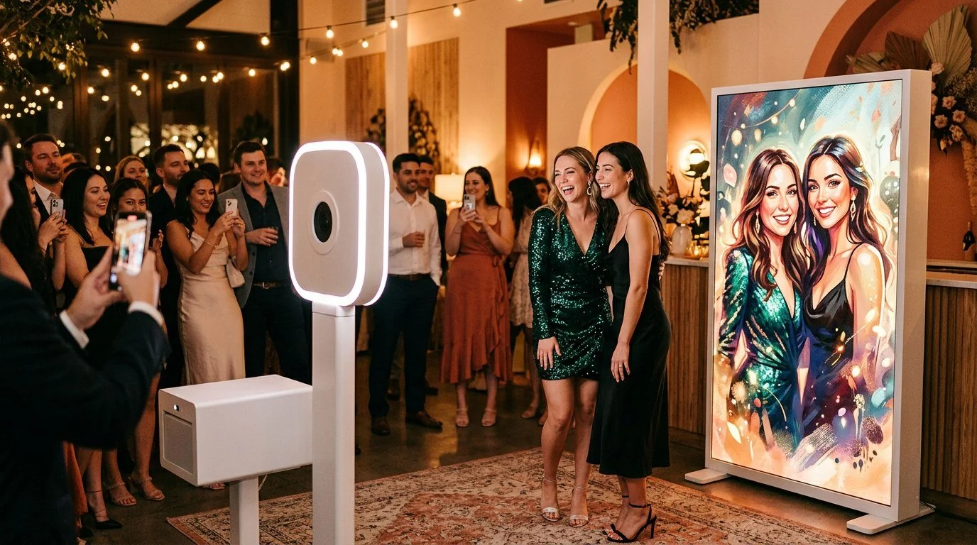 Two guests at an AI photo booth beside a screen showing their stylized AI avatar portrait at an evening event