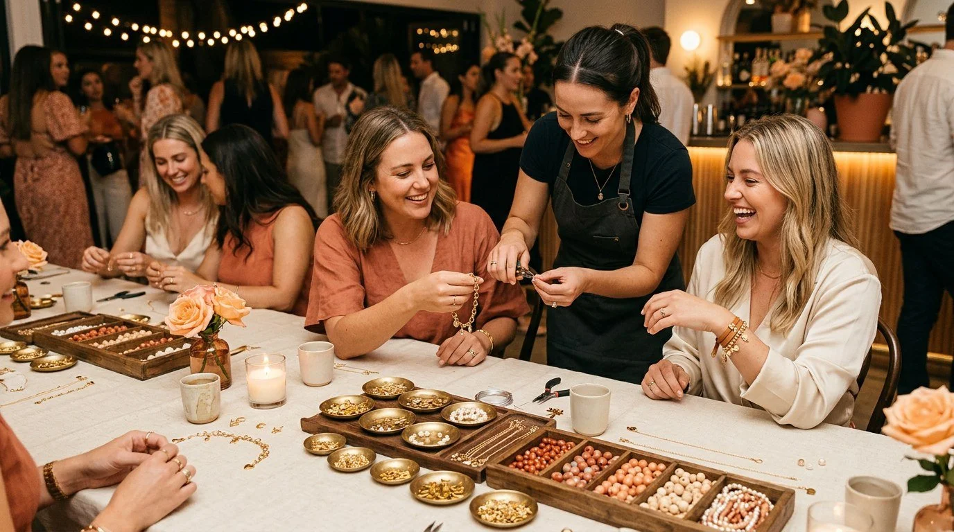 Guests seated at a jewelry-making bar choosing gold charms and beads while an artist helps finish a bracelet