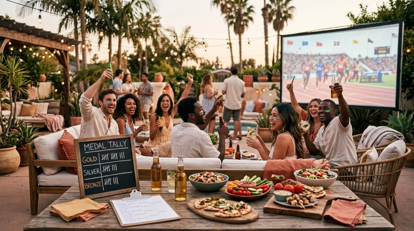 Friends cheering at a backyard Olympics viewing party in Los Angeles with an outdoor screen, medal tally board and snacks