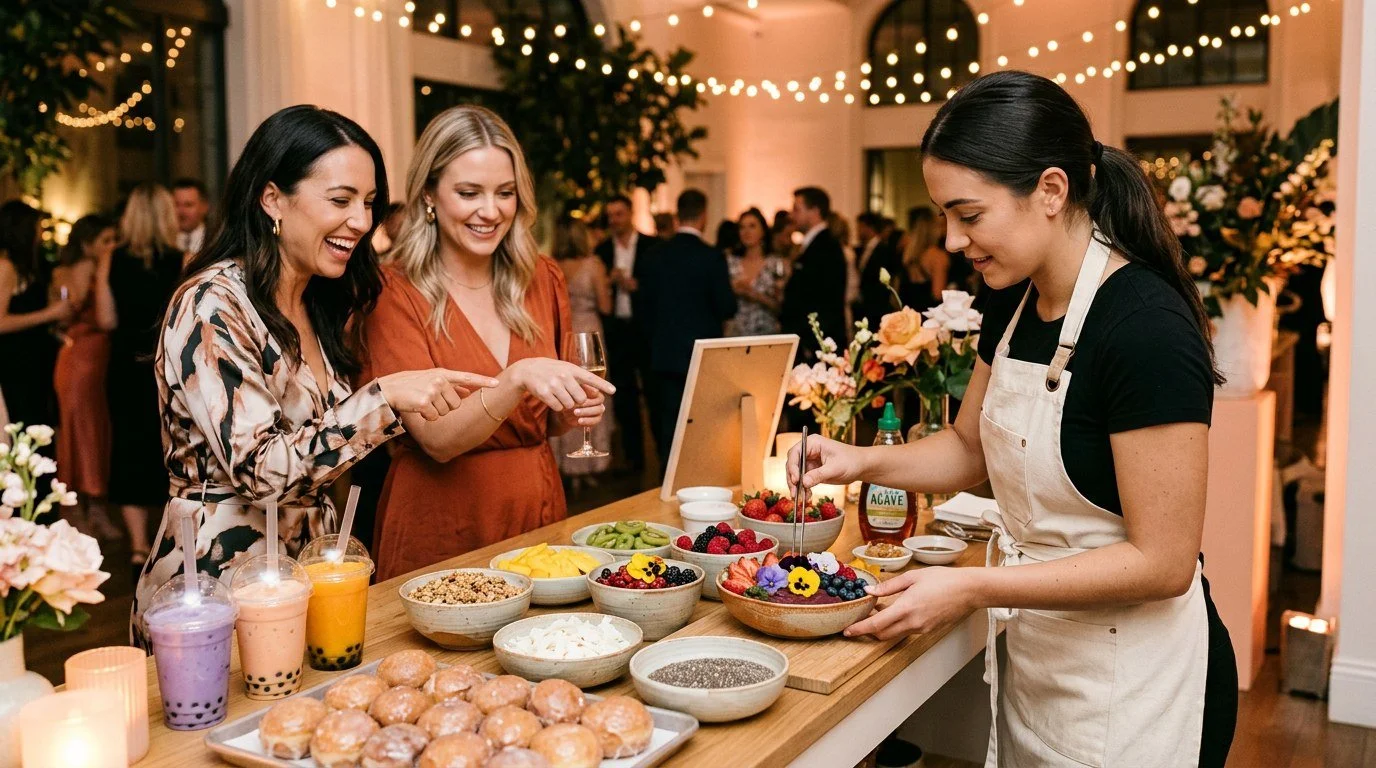 Attendant making a custom acai bowl to order at an edible art station while guests choose toppings