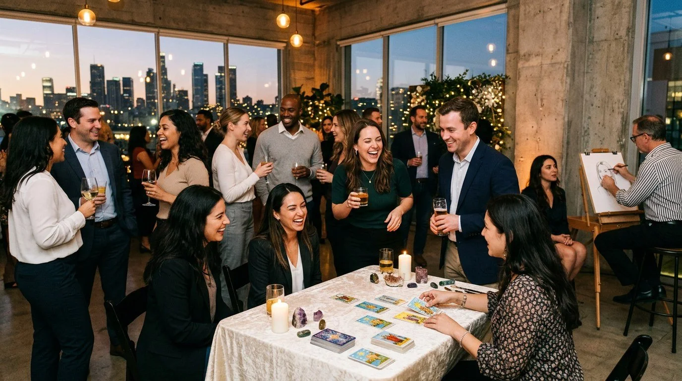 Colleagues at a Los Angeles corporate event gathered around a tarot and crystal reading table while a portrait artist sketches nearby