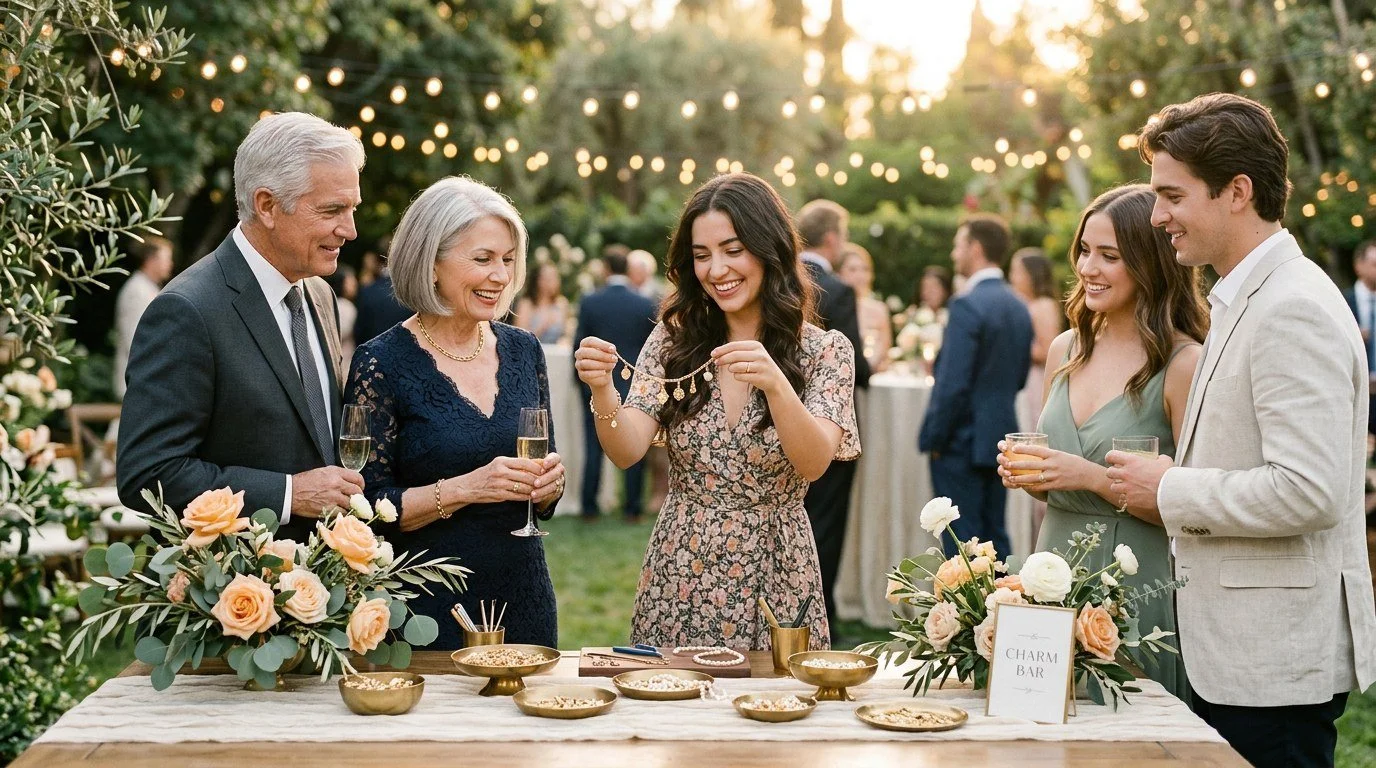 Wedding guests at a garden cocktail hour making charm bracelets at a jewelry bar