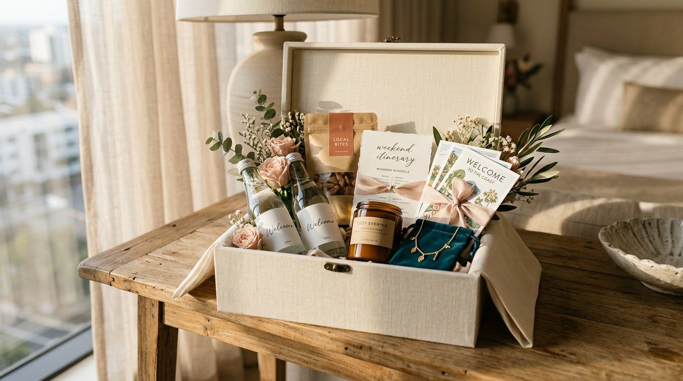 Wedding welcome box for out-of-town guests with water, local snacks, weekend schedule, candle, postcards and charm jewelry