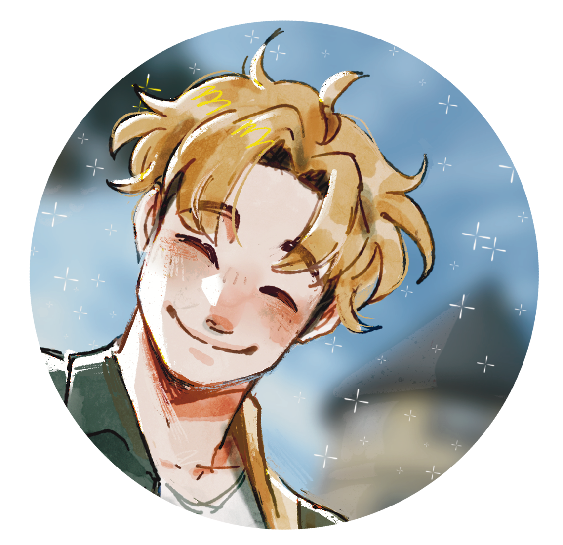 Animated portrait of a smiling person with blond, wavy hair and a joyful expression, against a bright blue sky background.