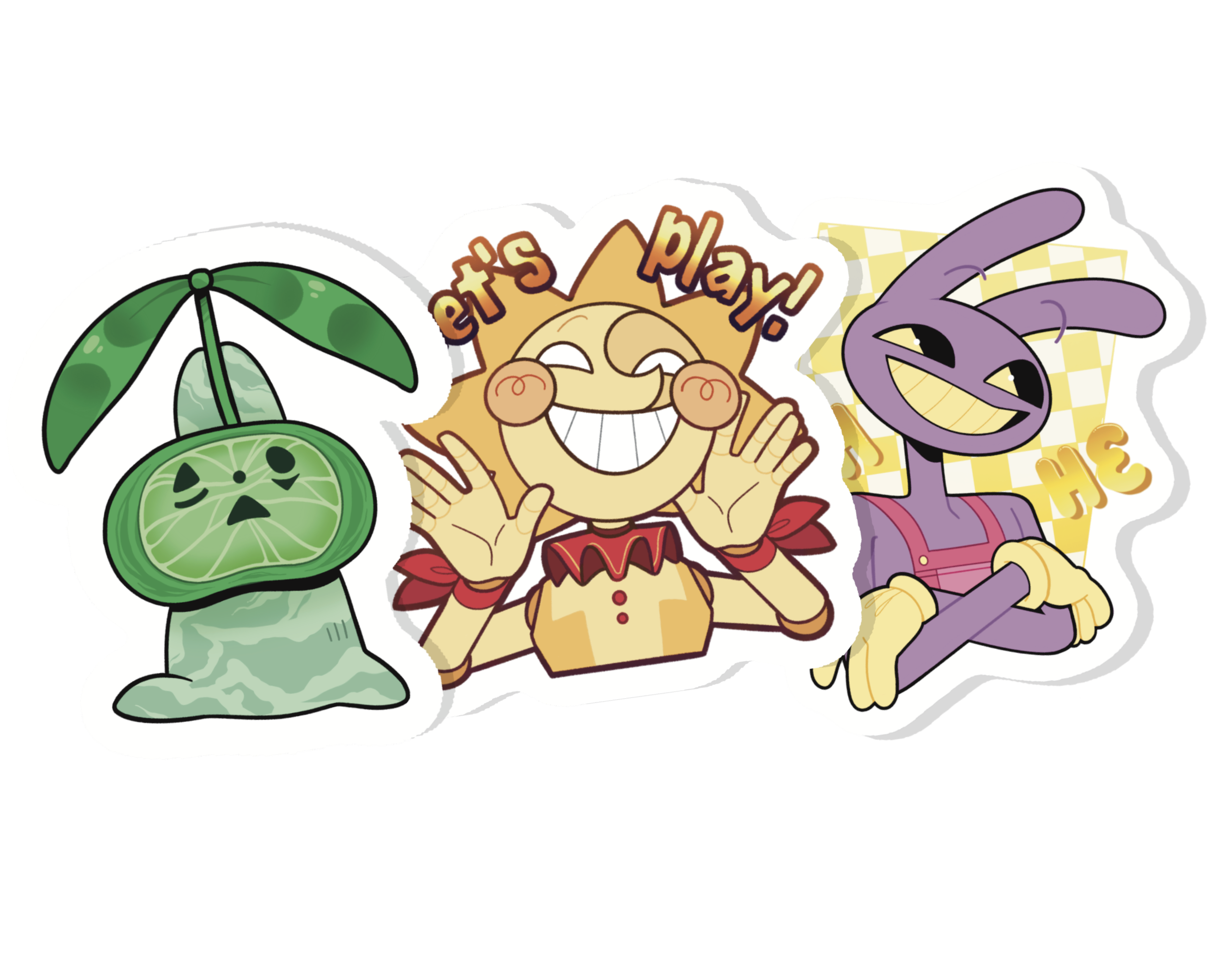 Colorful sticker sheet featuring a green korok, a smiling sun with the text 'Let's Play!', and Jax from the amazing digital circus.