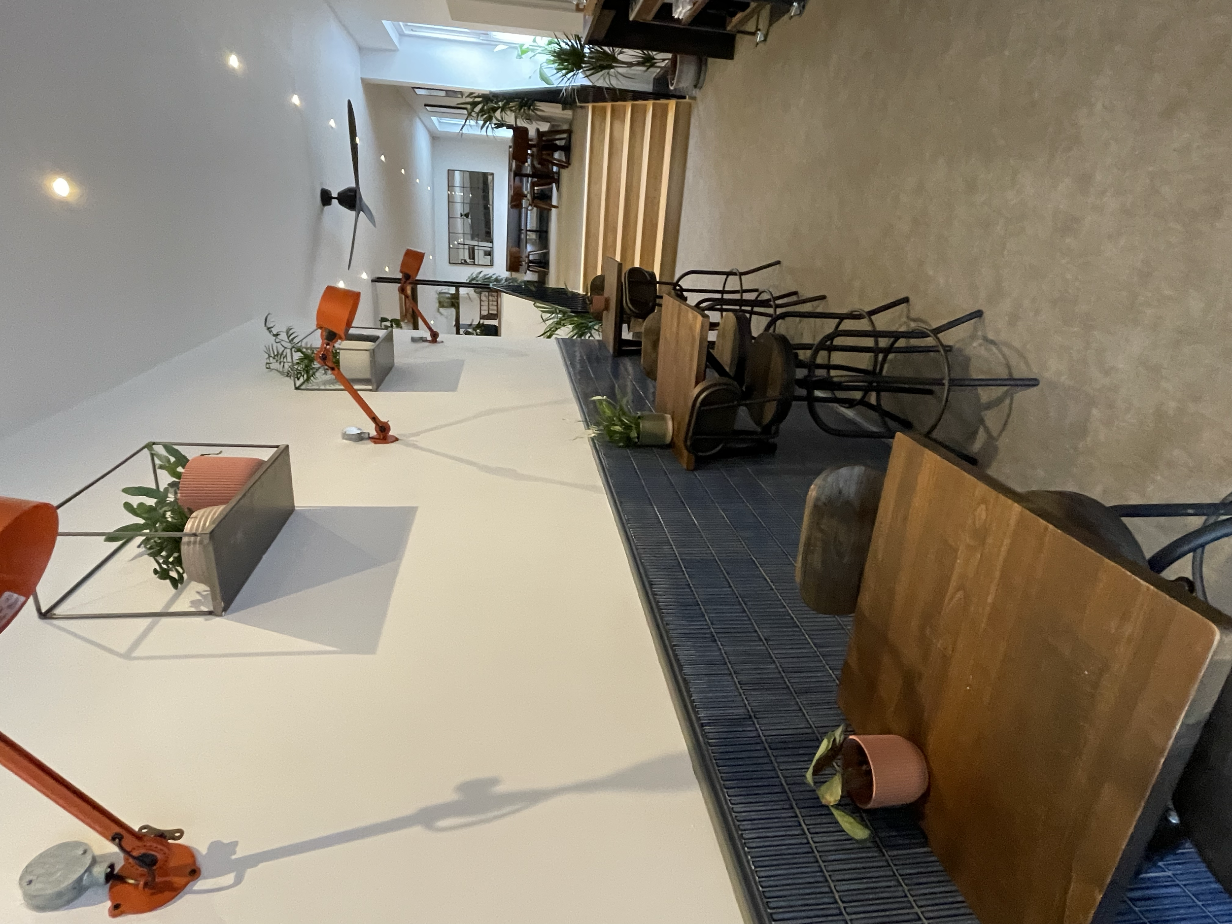 A cozy interior space featuring wooden tables and black chairs, potted plants, a wall-mounted decor, a ceiling fan, and a mostly white and black color scheme with a touch of orange from a standing lamp and an orange-gloved work tool on the wall.