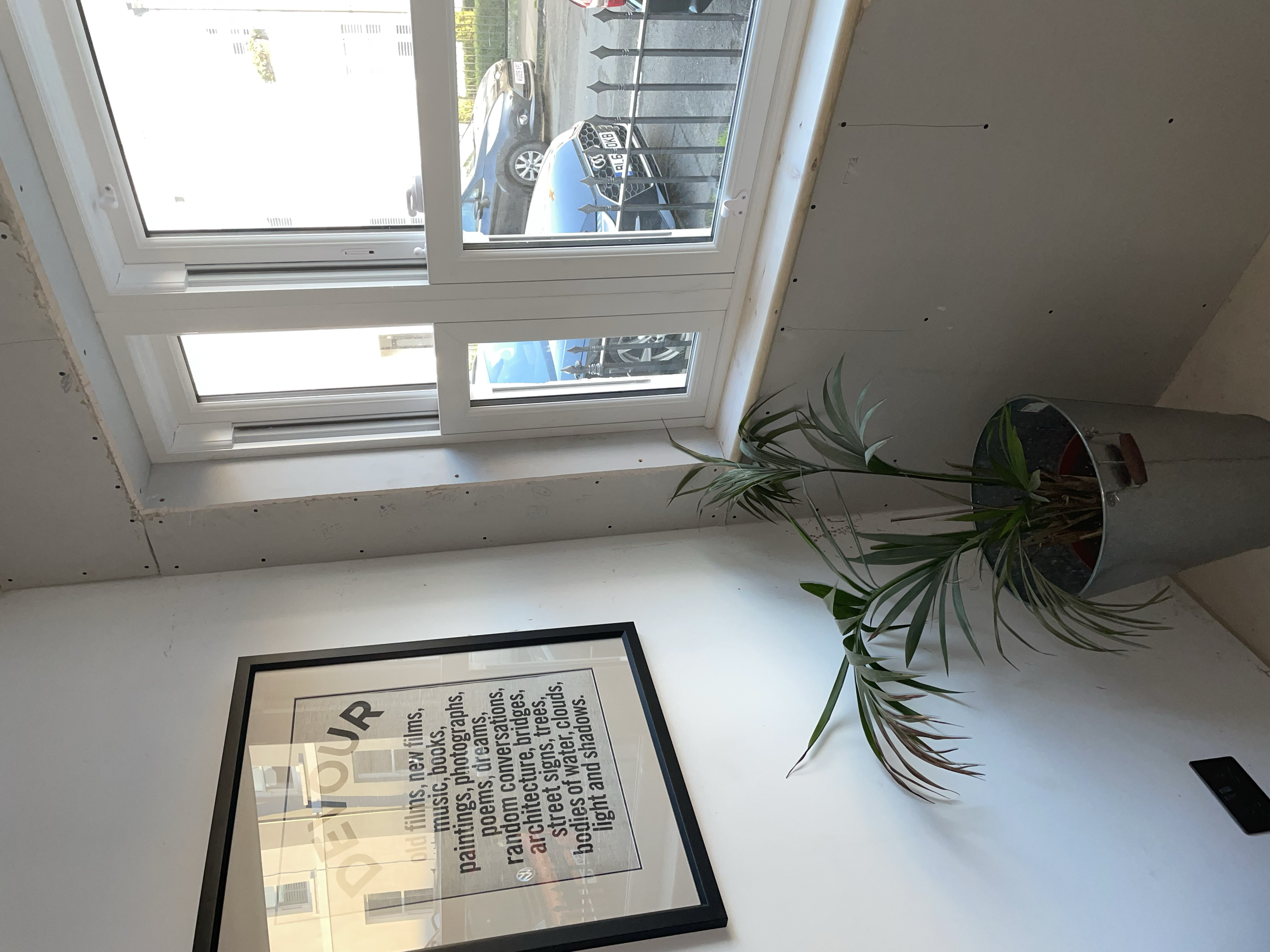 A framed poster or informational board with text on a white wall, next to a potted plant with long green leaves, and a window showing parked cars outside.