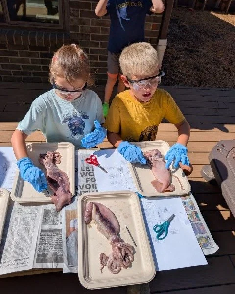 Two children, a girl and a boy, wearing blue gloves and goggles, are handling raw fish at an outdoor table with trays and newspapers. Another child is visible in the background.