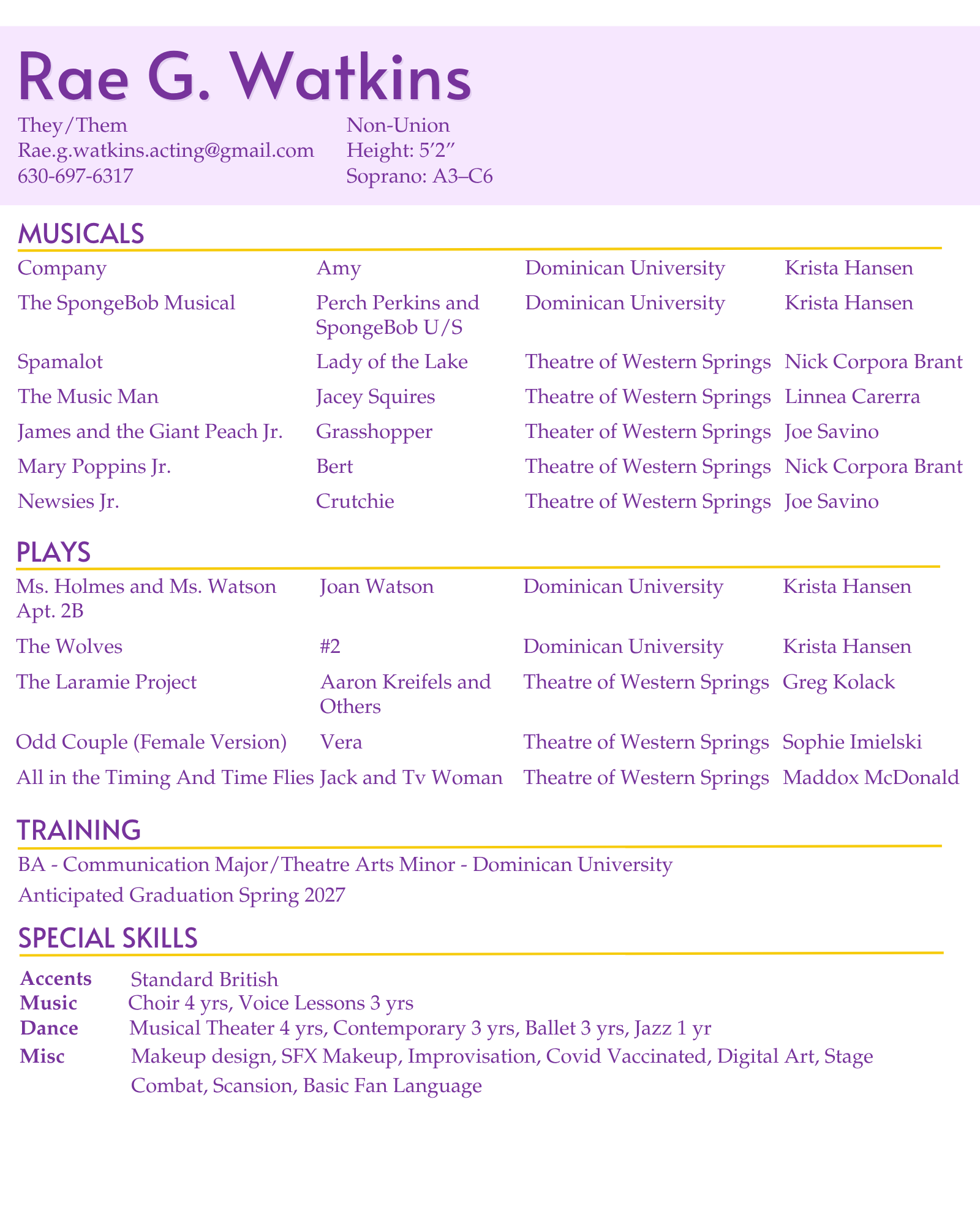 A college resume for Rae G. Watkins, including personal details, musical and acting experience, skills, and education, with a purple and yellow theme.
