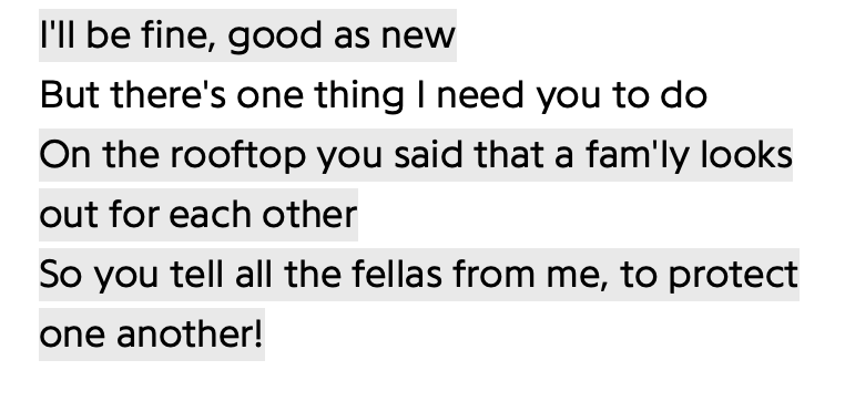 Text excerpt from a song or poem about staying connected and protecting each other, mentioning being fine, family, and rooftop.