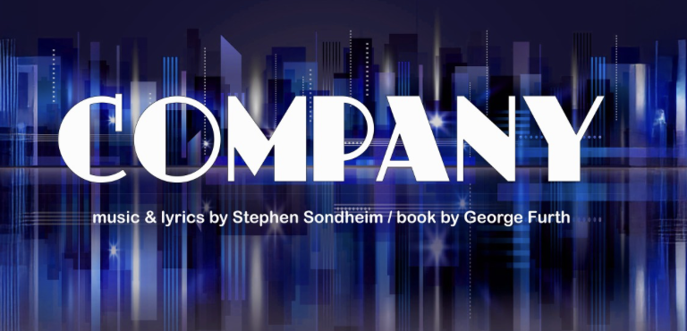 Promotional poster for a production titled 'Company' featuring city skyline graphics, with text crediting music and lyrics by Stephen Sondheim and the book by George Furth.
