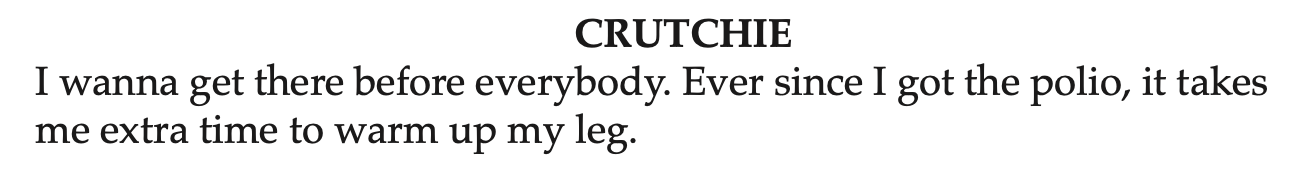 Text excerpt from a book page with the heading 'CRUTCHIE' and a paragraph about needing a crutch to warm up a leg after polio.
