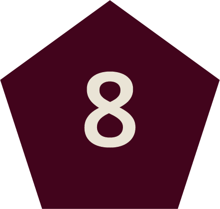 Number 8 on a dark purple pentagon background.