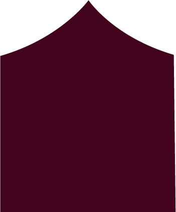 A dark red or maroon home-shaped emblem with a smooth, curved top and pointed bottom.