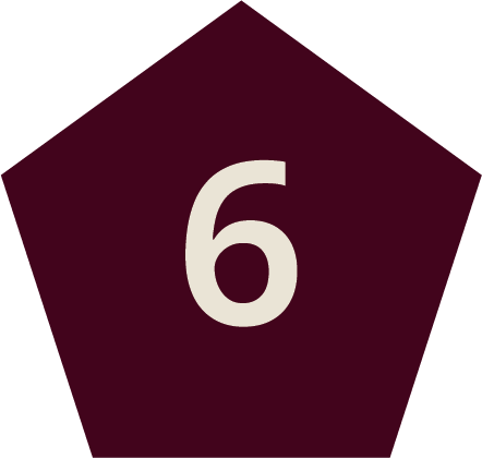 A five-sided maroon shape with a white number 6 in the center