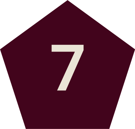 A pentagon-shaped die with a large number 7 on its face in white, on a black background.