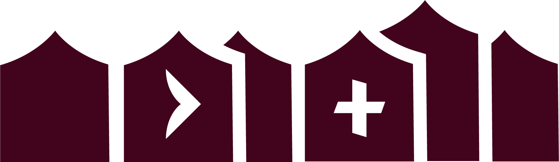 graphic icons of houses in dark red