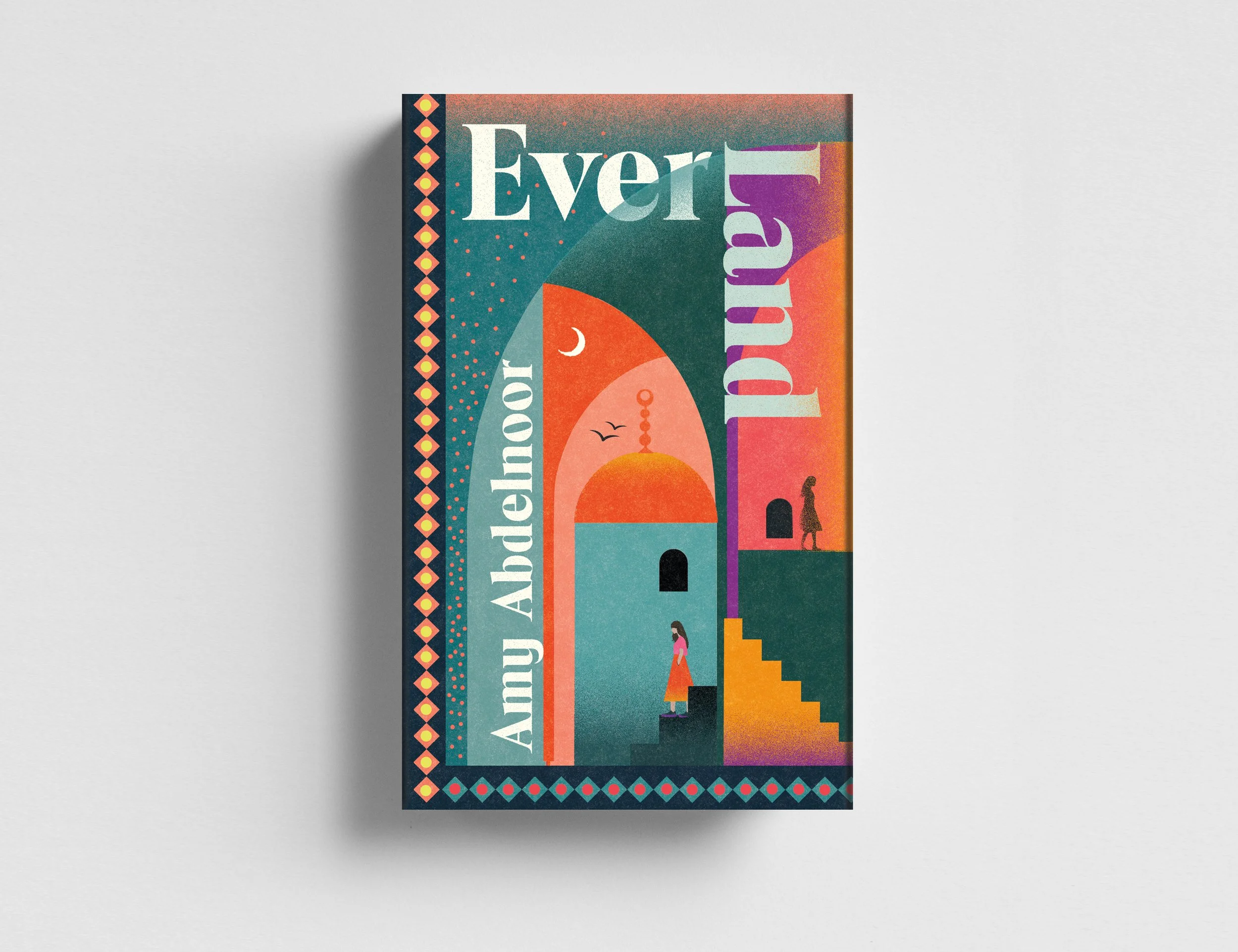 Colorful book cover with stylized illustrations of arches, stairs, and people walking, with the title "Ever Land" visible
