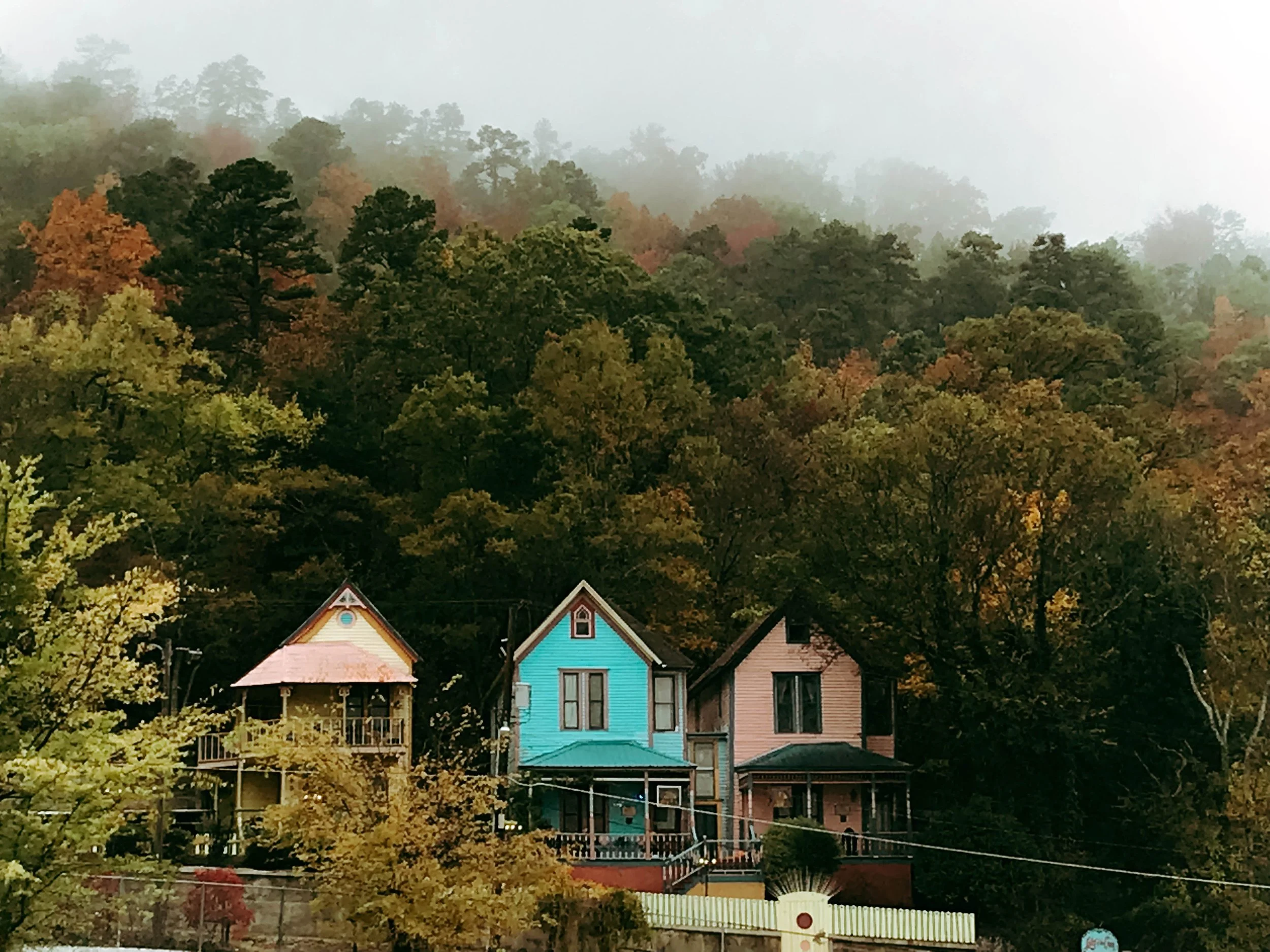 Colorful houses on a hill with a dense forest and fog in the background.