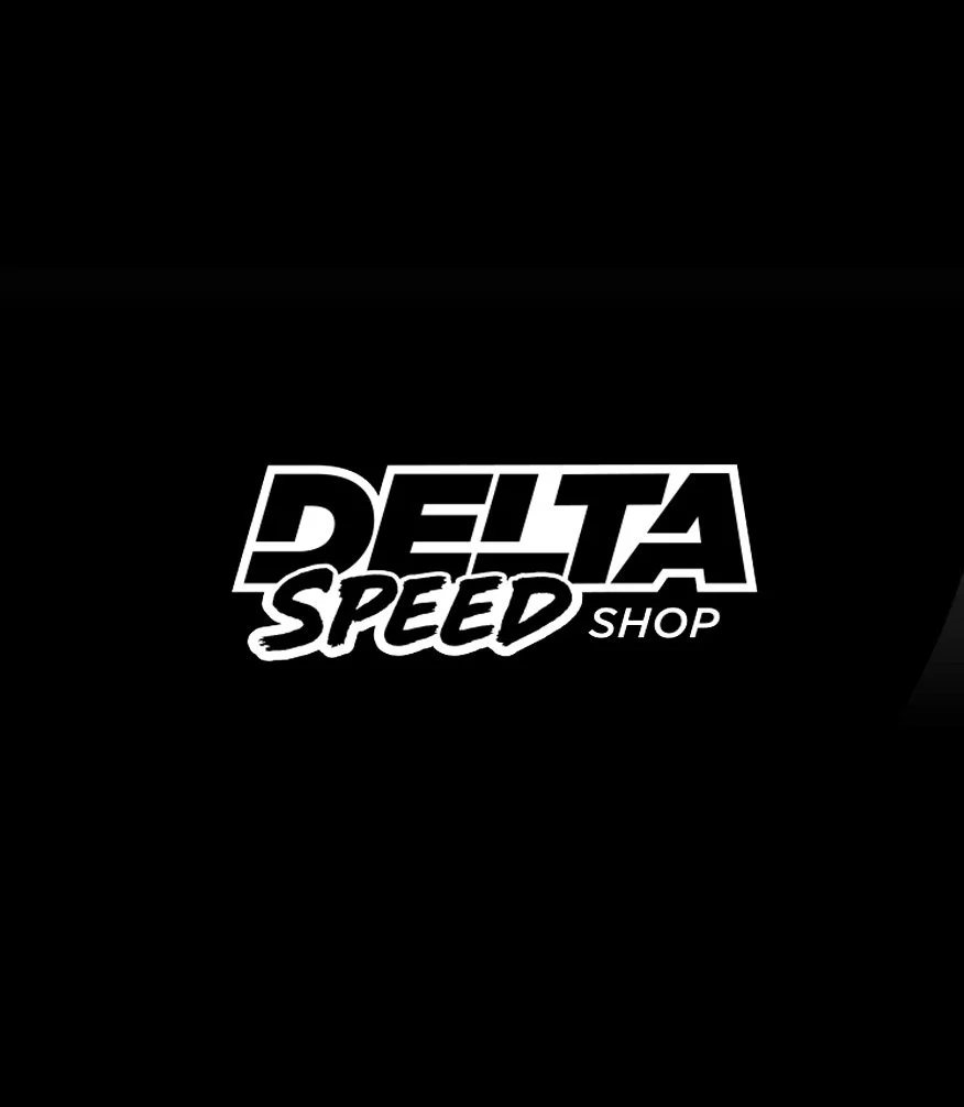 Black background with white text that reads 'Delta Speed Shop' with the 'Speed' text stylized in a cursive font.