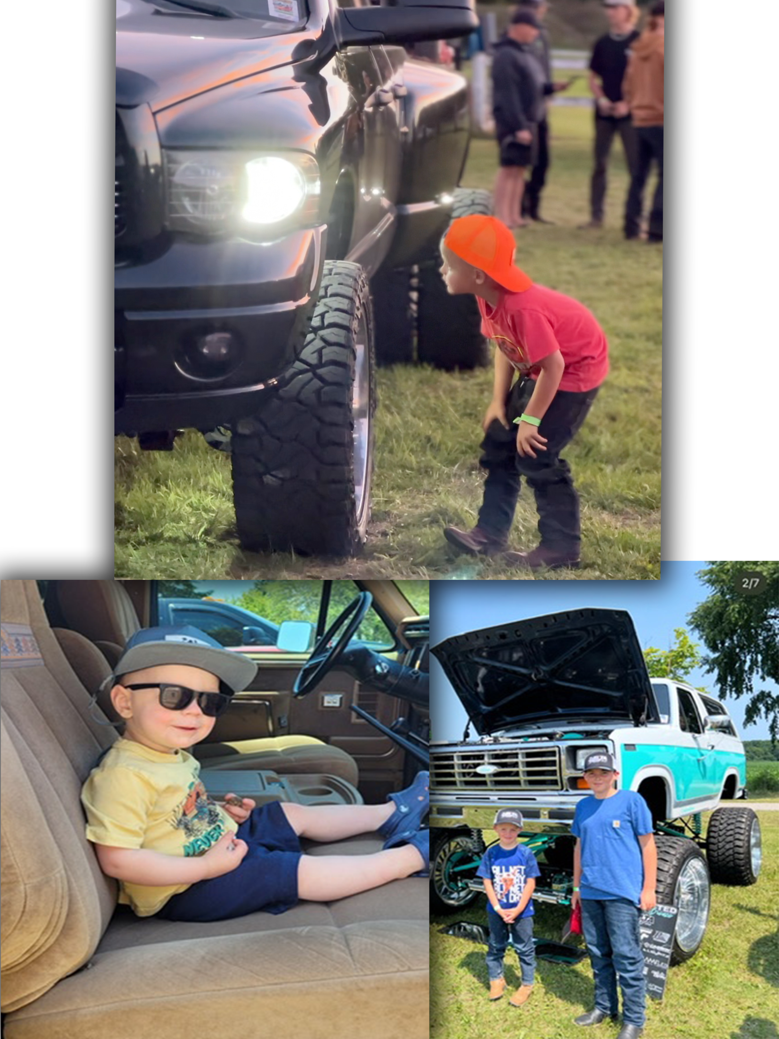 Children and adults at an outdoor car exhibition. A young boy wearing sunglasses, a yellow shirt, and blue shorts is sitting inside a vehicle. Another boy in a blue shirt and cap is standing next to a large white off-road vehicle with an open hood. Other children and adults are looking at the vehicles and talking in the background.