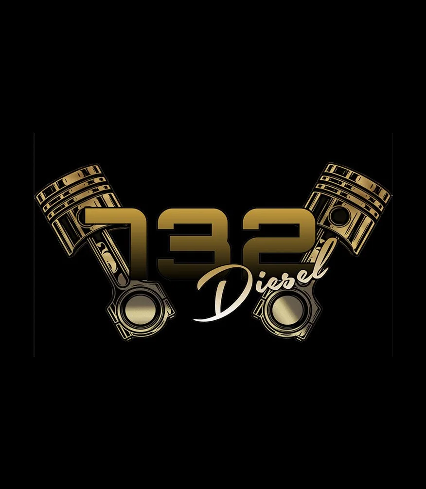 Graphic design featuring two gold-colored pistons crossed, with the text '132 Diesel' in gold and white in the center on a black background.