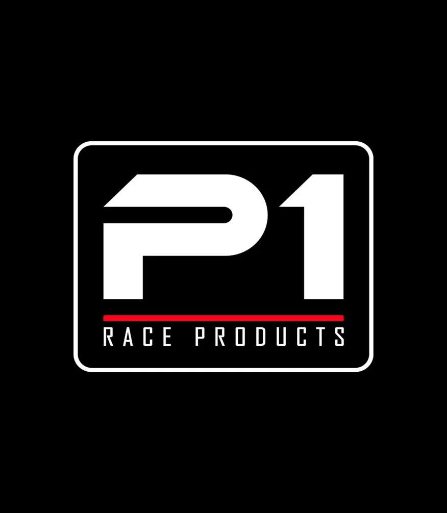Logo for P1 Race Products with a black background, white text, and a red underline.