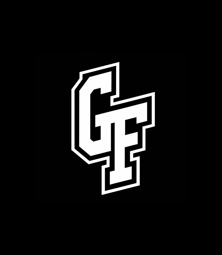 Graphic of stylized interlocked letters G and F in black and white.