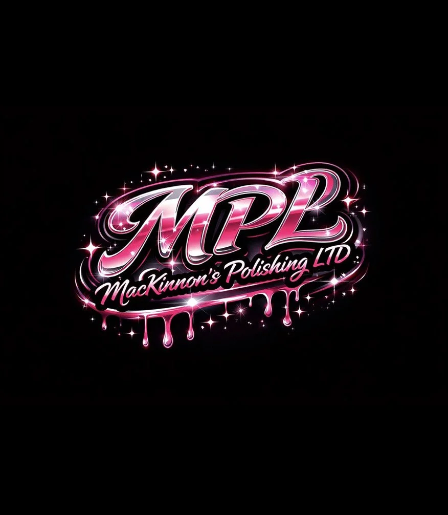 Logo for MacKinnon's Polishing Ltd with pink neon-style text, stars, sparkles, and paint drips on a black background.