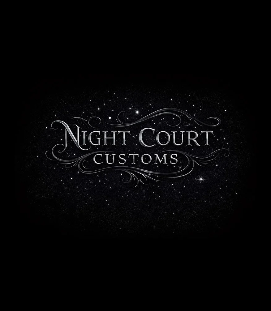 Silver text reading 'Night Court Customs' on a black background with swirling decorative elements and small stars.