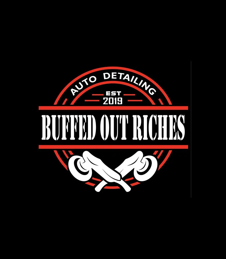 Logo for auto detailing business named Buffer Out Riches with an image of two crossed wrenches and phone receiver, red and white text on black background.