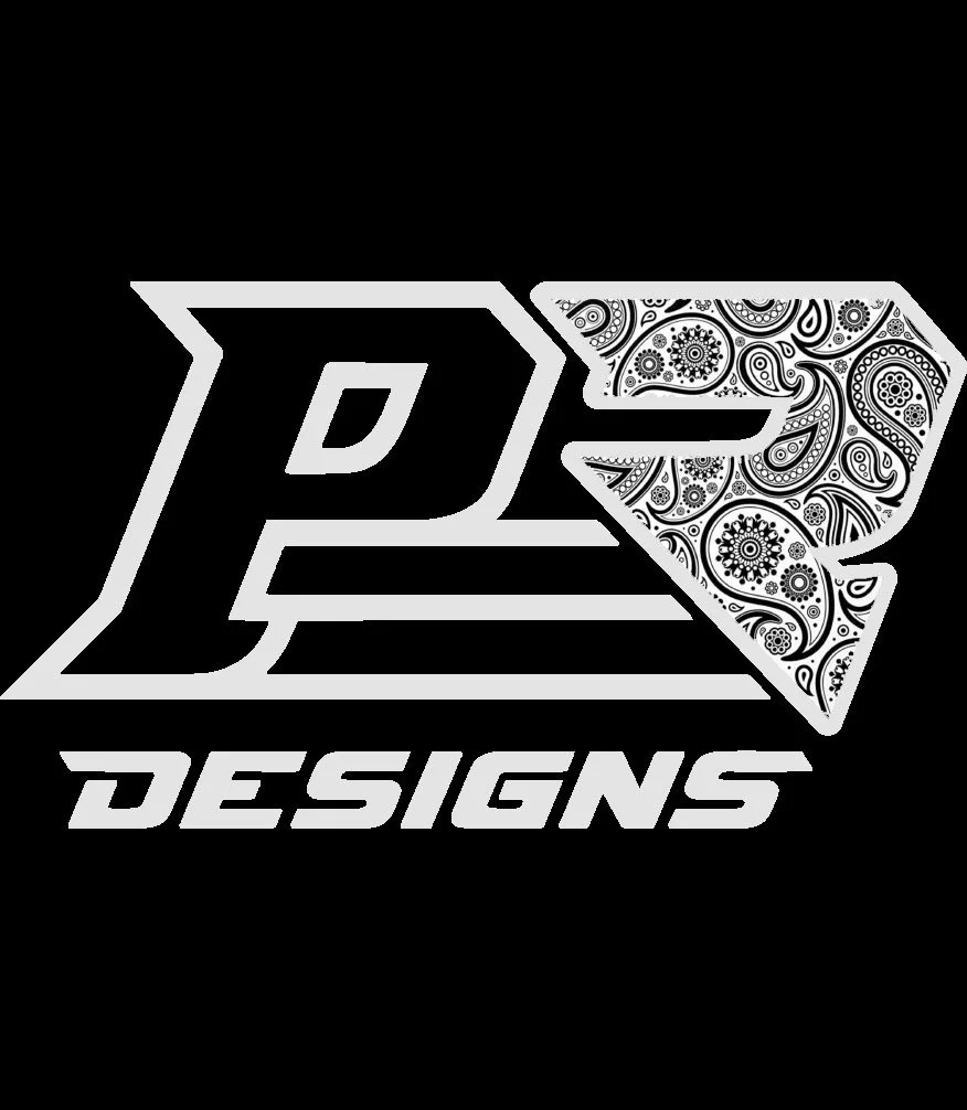 A logo for P2 Designs featuring the text 'P2' in a bold, outlined font, with a stylized arrow shape with a paisley pattern on the right, and the word 'DESIGNS' in uppercase below.