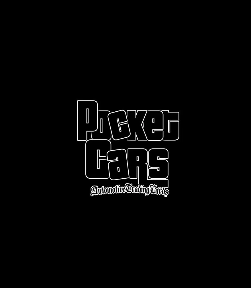 Black background with bold, outlined white text reading 'Packer Cars' and smaller cursive white text below that says 'Automotive Trading Cards'.
