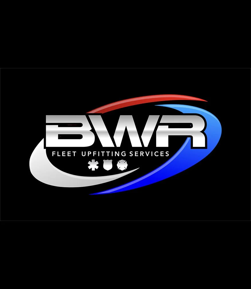 Logo for BWR Fleet Upfitting Services with red and blue swooshes and icons representing emergency and service vehicles.